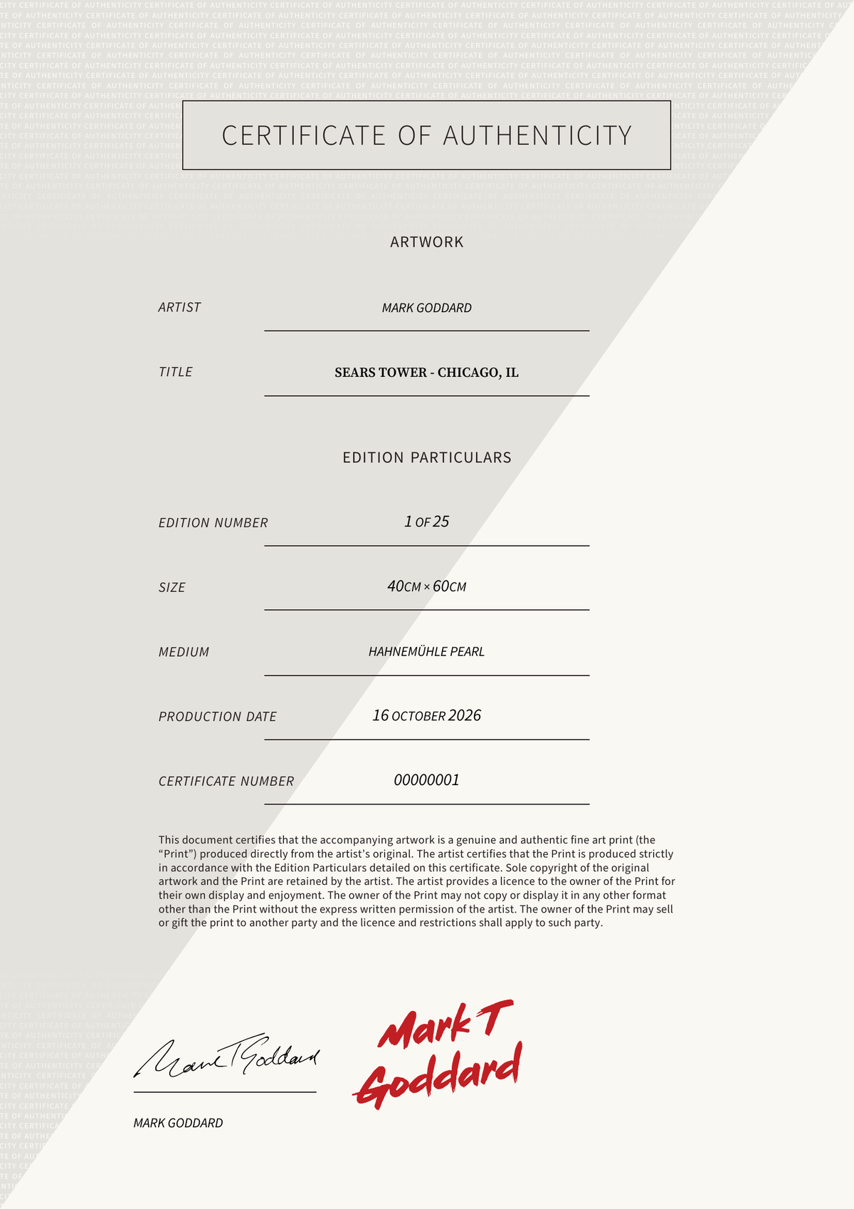Sears Tower - Chicago, IL — Certificate of Authenticity